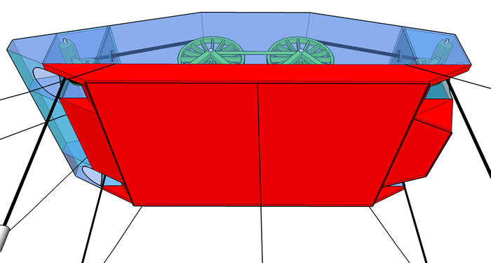 Bottom of Barge View of The Super Watt Wave Catcher Barge; Stern Larger to Equalizing Bow and Stern Generator Output; Bottom Edge Plates Increase Bottom's Vertical and Horizontal Drag Coefficients