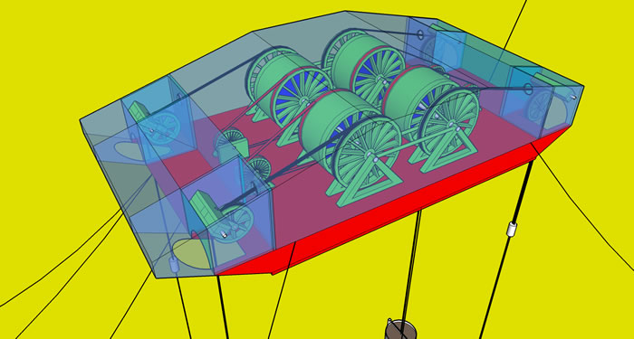 Isometric View of the Super Watt Wave Catcher Barge With Transparent Enclosure